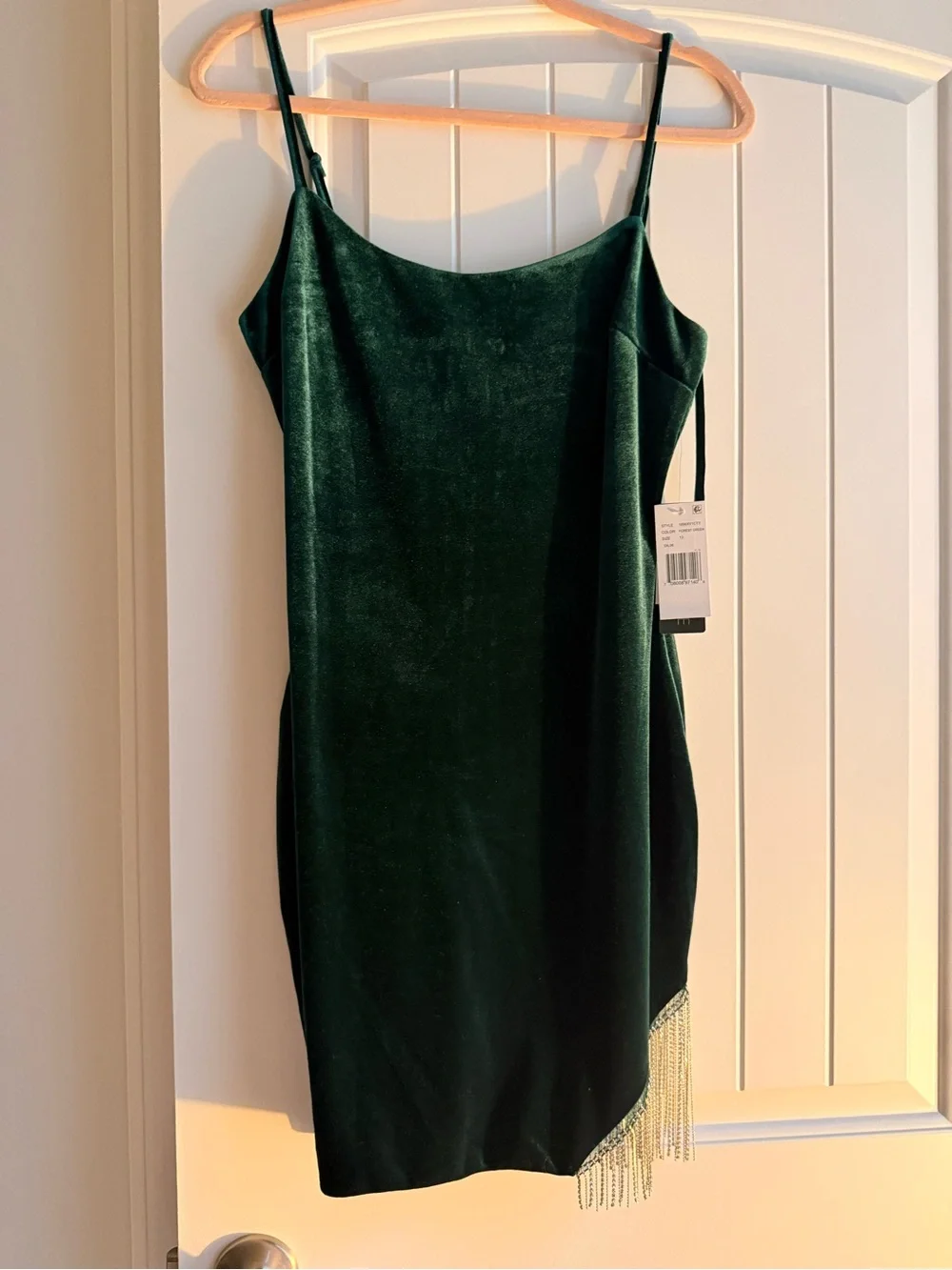Emerald Green Velvet Slip Dress with Fringe